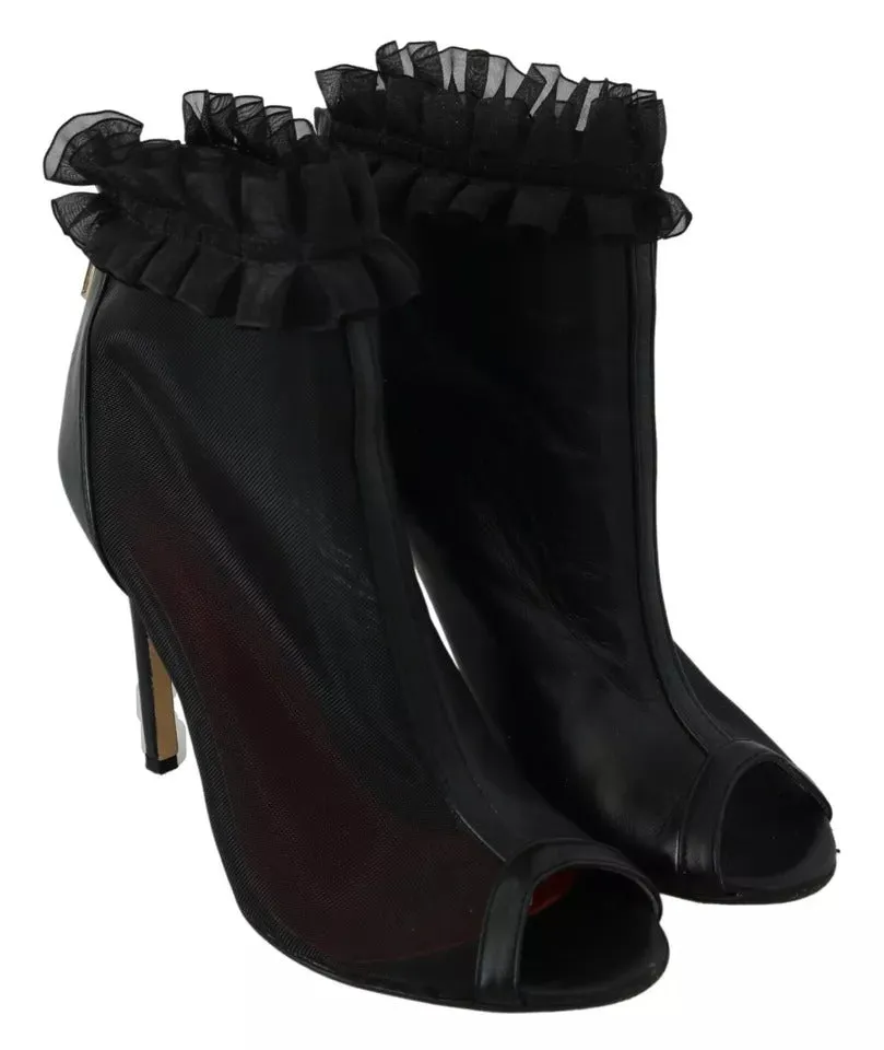 Black Leather Mesh Stiletto High Heels Peep Toe Boots Shoes