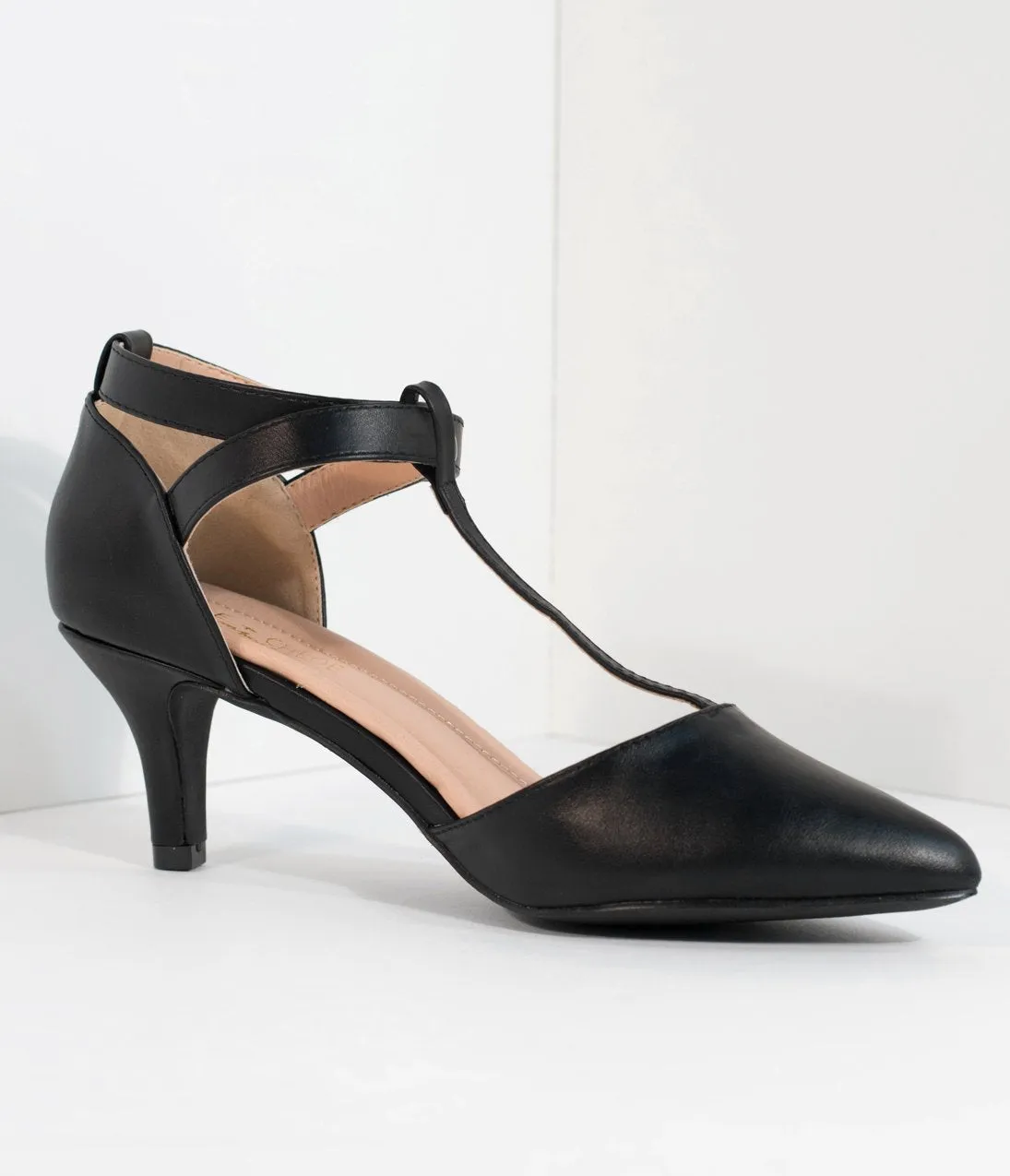 Black Leatherette Pointed Toe Ellie T-Strap Heels