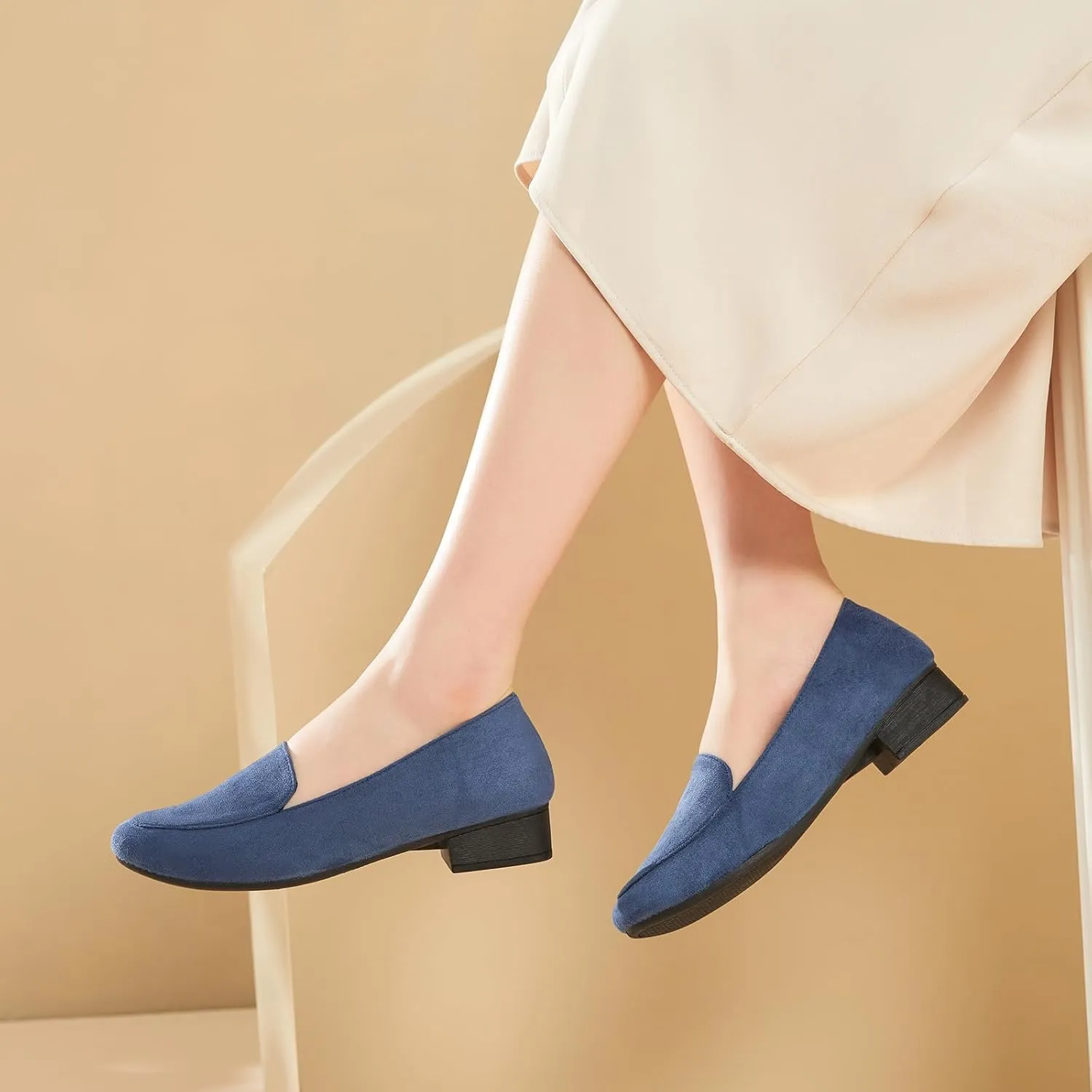 FINIWOR Womens Black Chunky Low Heel Pumps Suede Dress Flats Shoes Comfortable Work Loafers Business Office Shoes