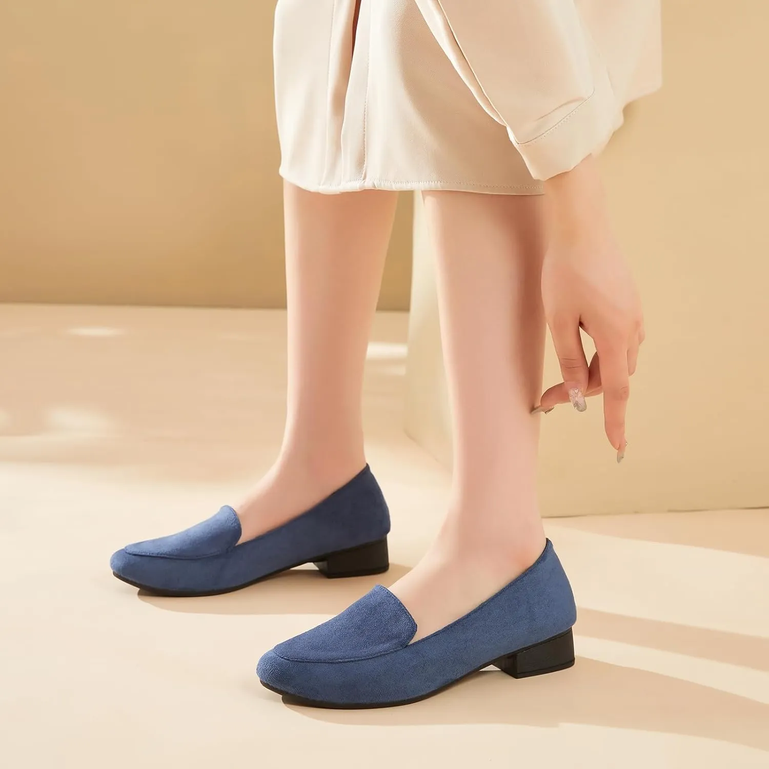 FINIWOR Womens Black Chunky Low Heel Pumps Suede Dress Flats Shoes Comfortable Work Loafers Business Office Shoes