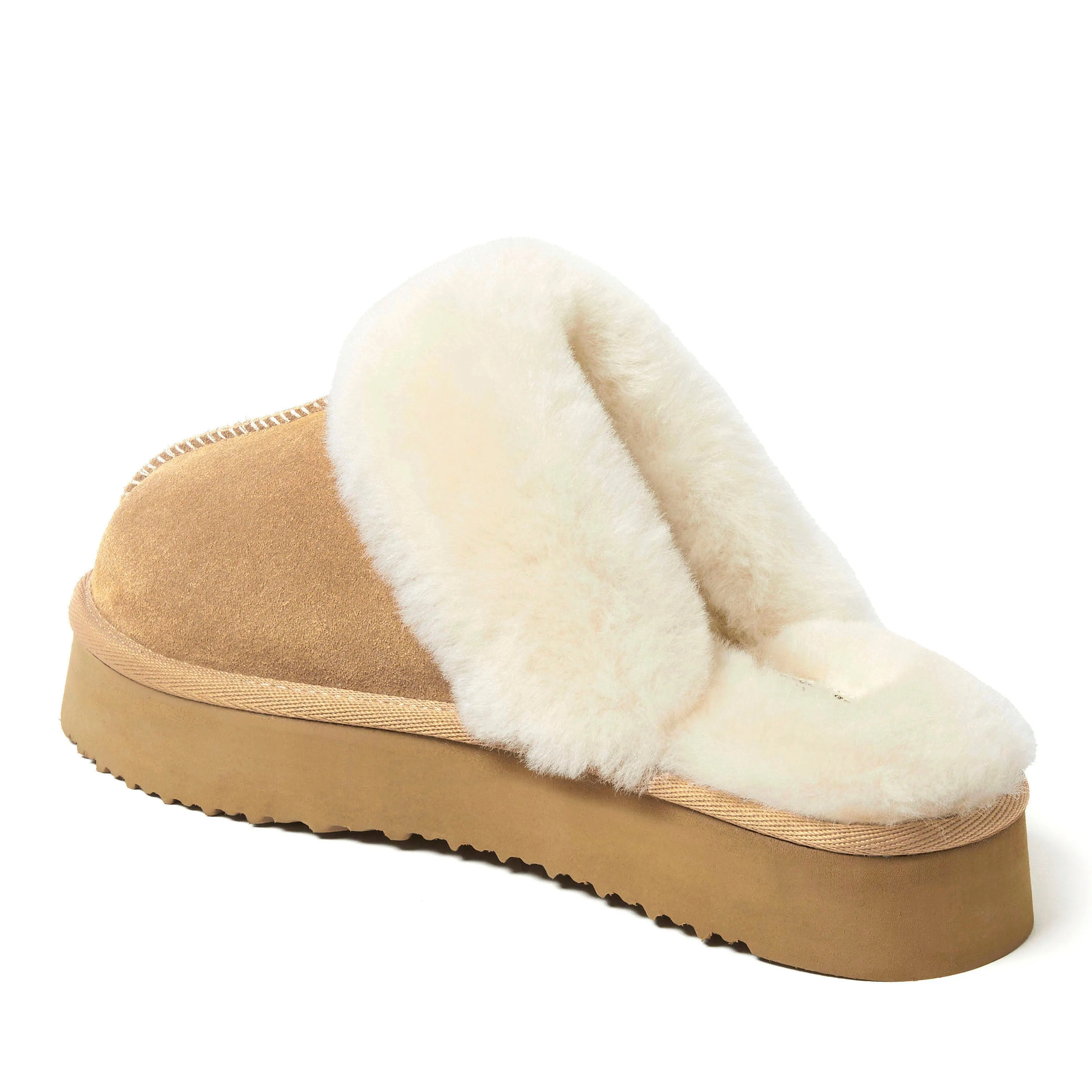 Fireside by Dearfoams Women's Melton Genuine Shearling Platform Scuff Slipper