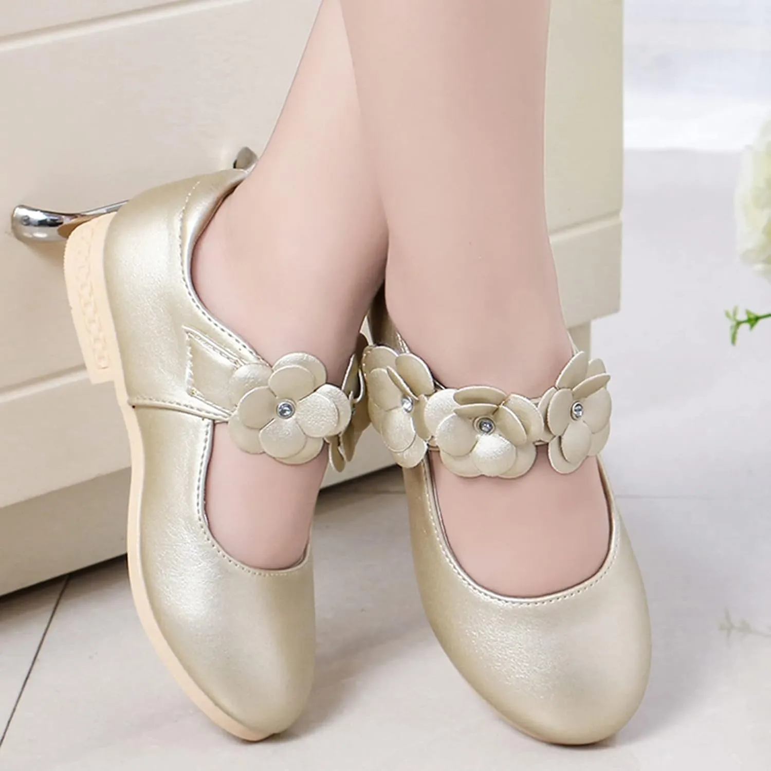 Girls Ballerina Flat Mary Jane Front Flower Dress Shoes for Wedding, Party, Walking(Toddler/Little Girl) Baby Shoes