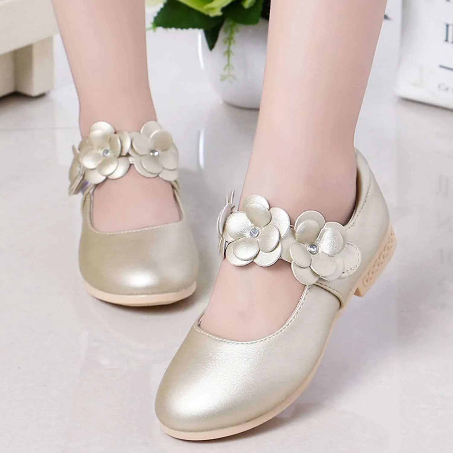 Girls Ballerina Flat Mary Jane Front Flower Dress Shoes for Wedding, Party, Walking(Toddler/Little Girl) Baby Shoes