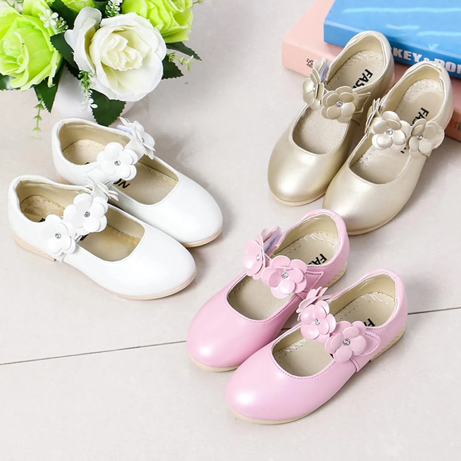 Girls Ballerina Flat Mary Jane Front Flower Dress Shoes for Wedding, Party, Walking(Toddler/Little Girl) Baby Shoes