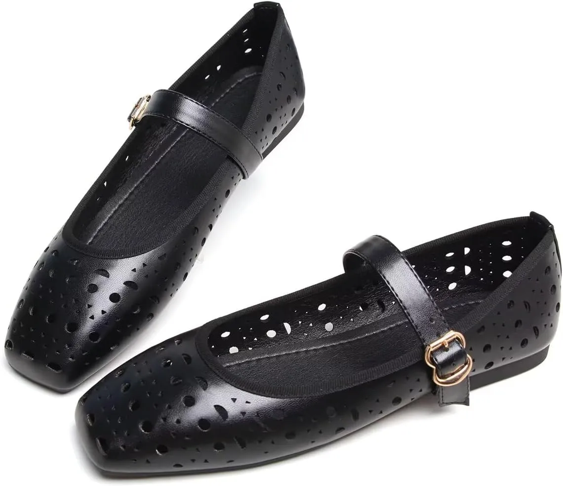 Hee grand Summer Hollow Out Ballet Flats for Women Fashion Square Toe Buckle Strap Mary Jane Flats Breathable Walking Shoes Soft Leather Dress Shoes