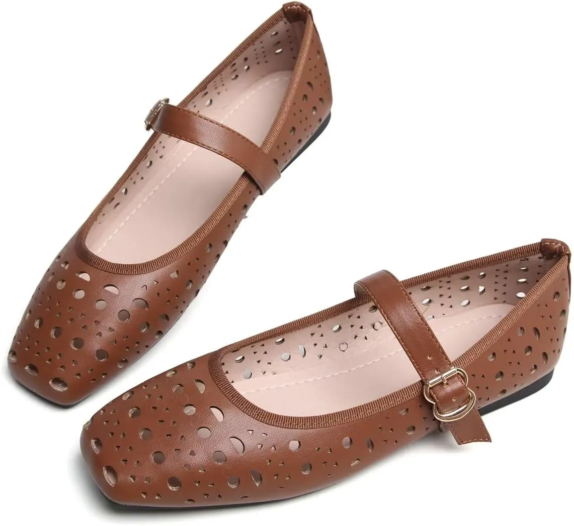 Hee grand Summer Hollow Out Ballet Flats for Women Fashion Square Toe Buckle Strap Mary Jane Flats Breathable Walking Shoes Soft Leather Dress Shoes