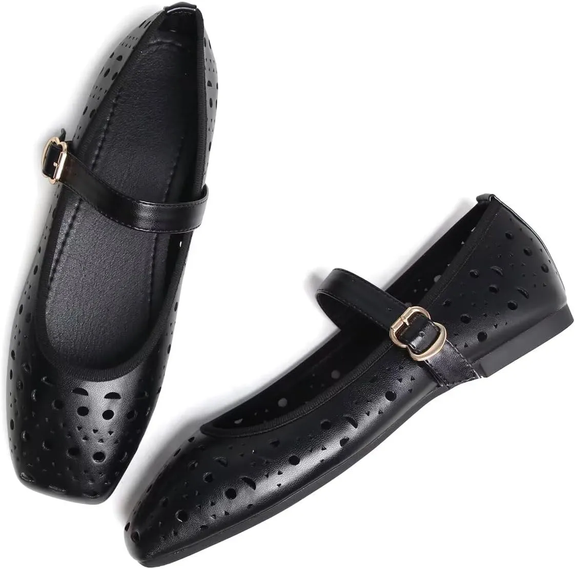 Hee grand Summer Hollow Out Ballet Flats for Women Fashion Square Toe Buckle Strap Mary Jane Flats Breathable Walking Shoes Soft Leather Dress Shoes
