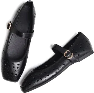 Hee grand Summer Hollow Out Ballet Flats for Women Fashion Square Toe Buckle Strap Mary Jane Flats Breathable Walking Shoes Soft Leather Dress Shoes