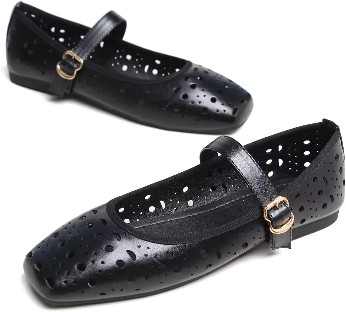 Hee grand Summer Hollow Out Ballet Flats for Women Fashion Square Toe Buckle Strap Mary Jane Flats Breathable Walking Shoes Soft Leather Dress Shoes
