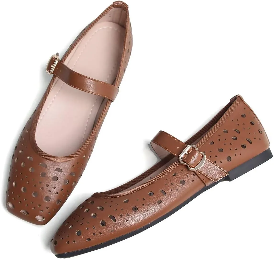 Hee grand Summer Hollow Out Ballet Flats for Women Fashion Square Toe Buckle Strap Mary Jane Flats Breathable Walking Shoes Soft Leather Dress Shoes