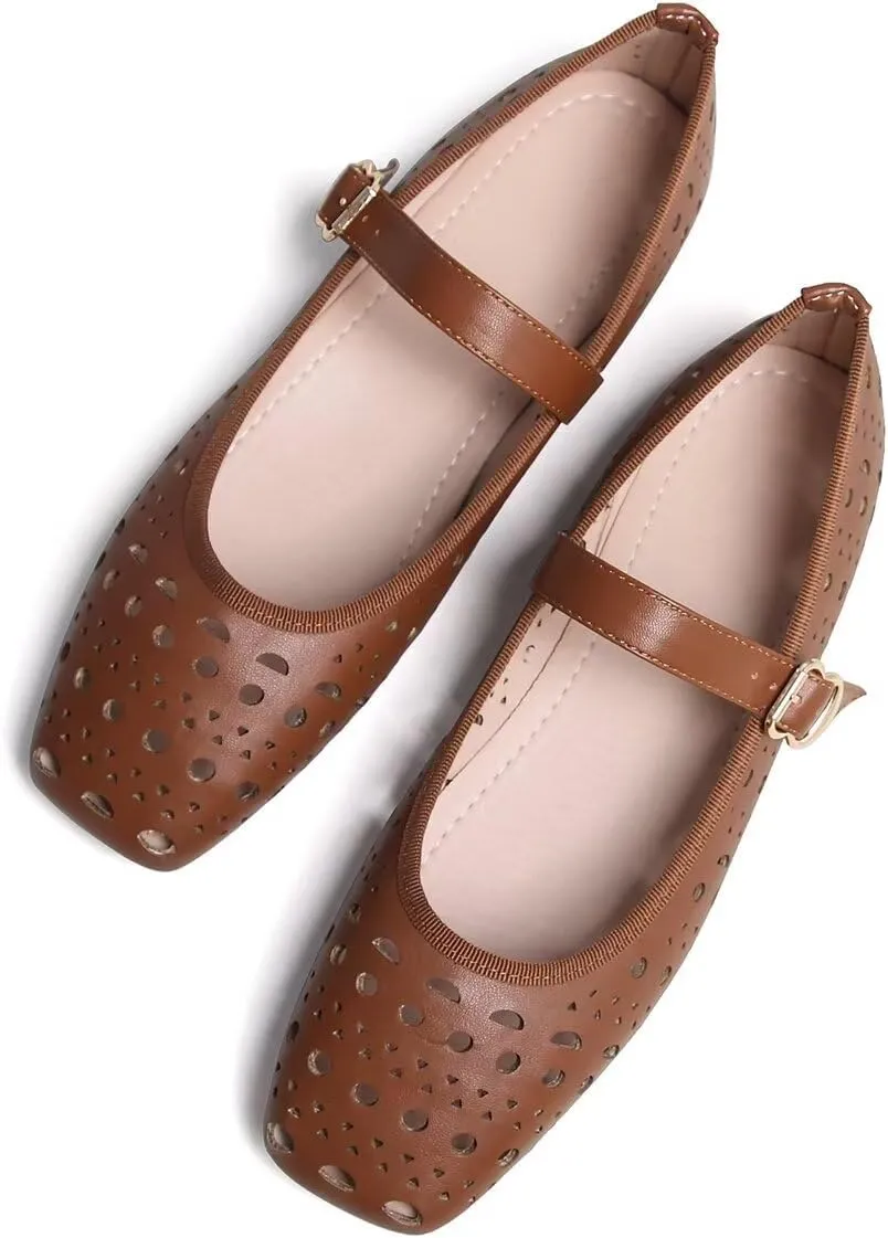 Hee grand Summer Hollow Out Ballet Flats for Women Fashion Square Toe Buckle Strap Mary Jane Flats Breathable Walking Shoes Soft Leather Dress Shoes
