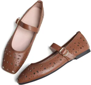 Hee grand Summer Hollow Out Ballet Flats for Women Fashion Square Toe Buckle Strap Mary Jane Flats Breathable Walking Shoes Soft Leather Dress Shoes
