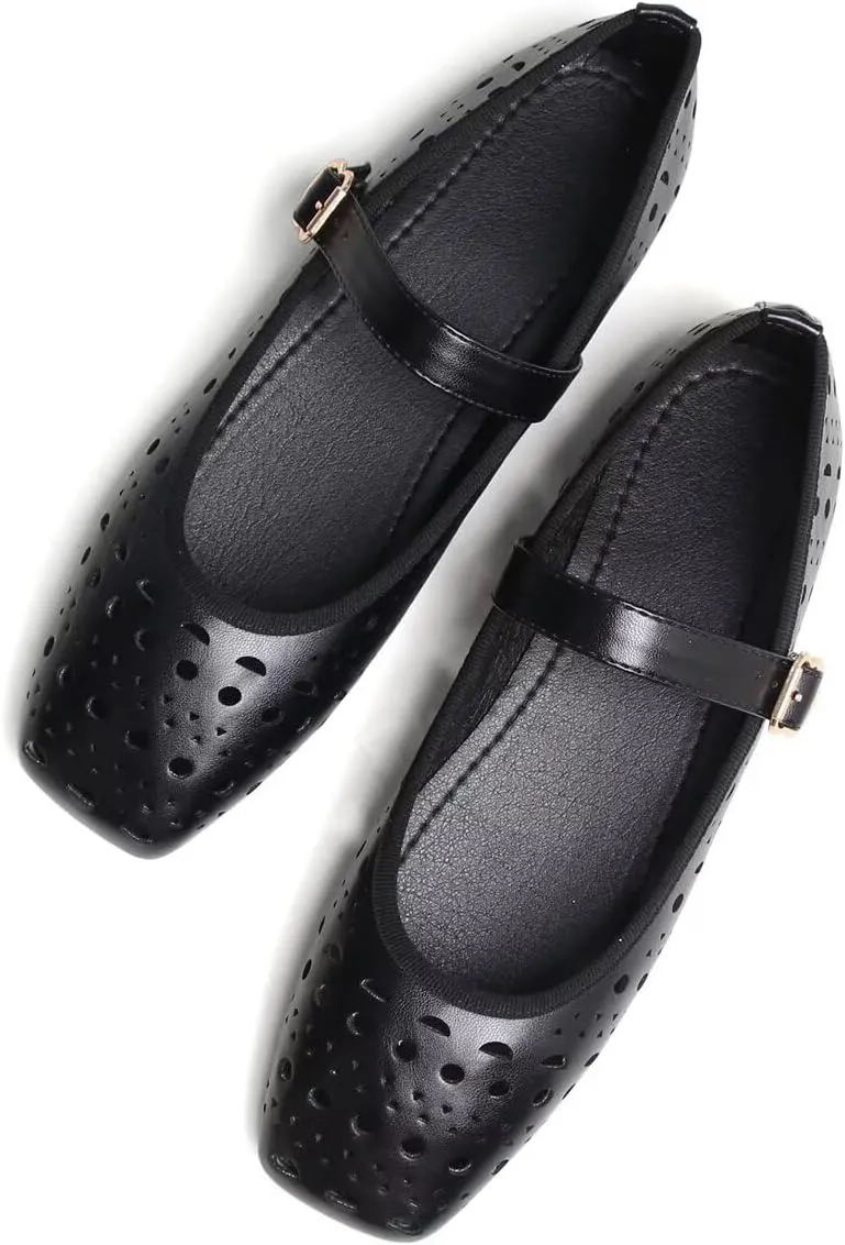 Hee grand Summer Hollow Out Ballet Flats for Women Fashion Square Toe Buckle Strap Mary Jane Flats Breathable Walking Shoes Soft Leather Dress Shoes