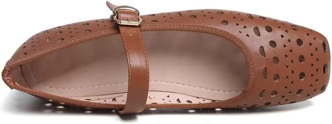 Hee grand Summer Hollow Out Ballet Flats for Women Fashion Square Toe Buckle Strap Mary Jane Flats Breathable Walking Shoes Soft Leather Dress Shoes