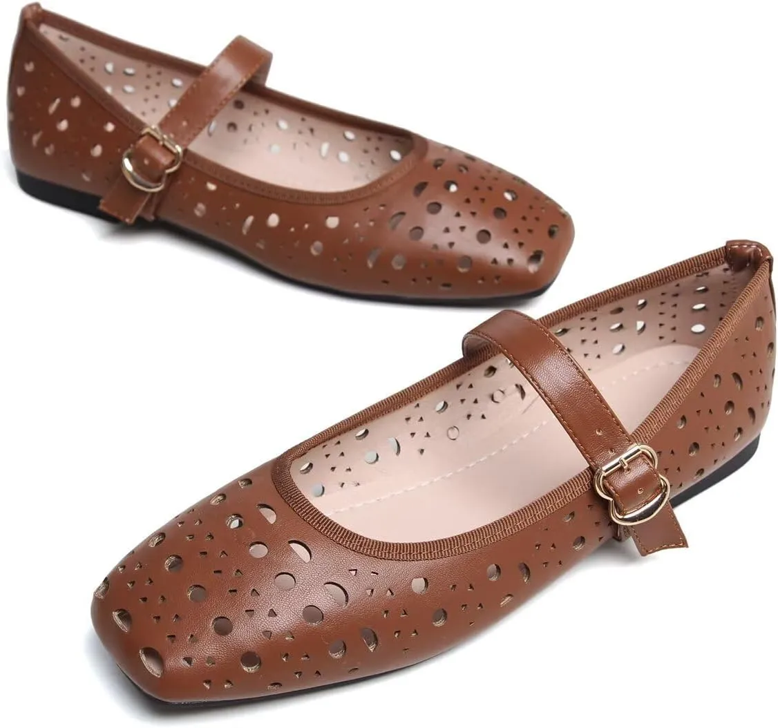 Hee grand Summer Hollow Out Ballet Flats for Women Fashion Square Toe Buckle Strap Mary Jane Flats Breathable Walking Shoes Soft Leather Dress Shoes
