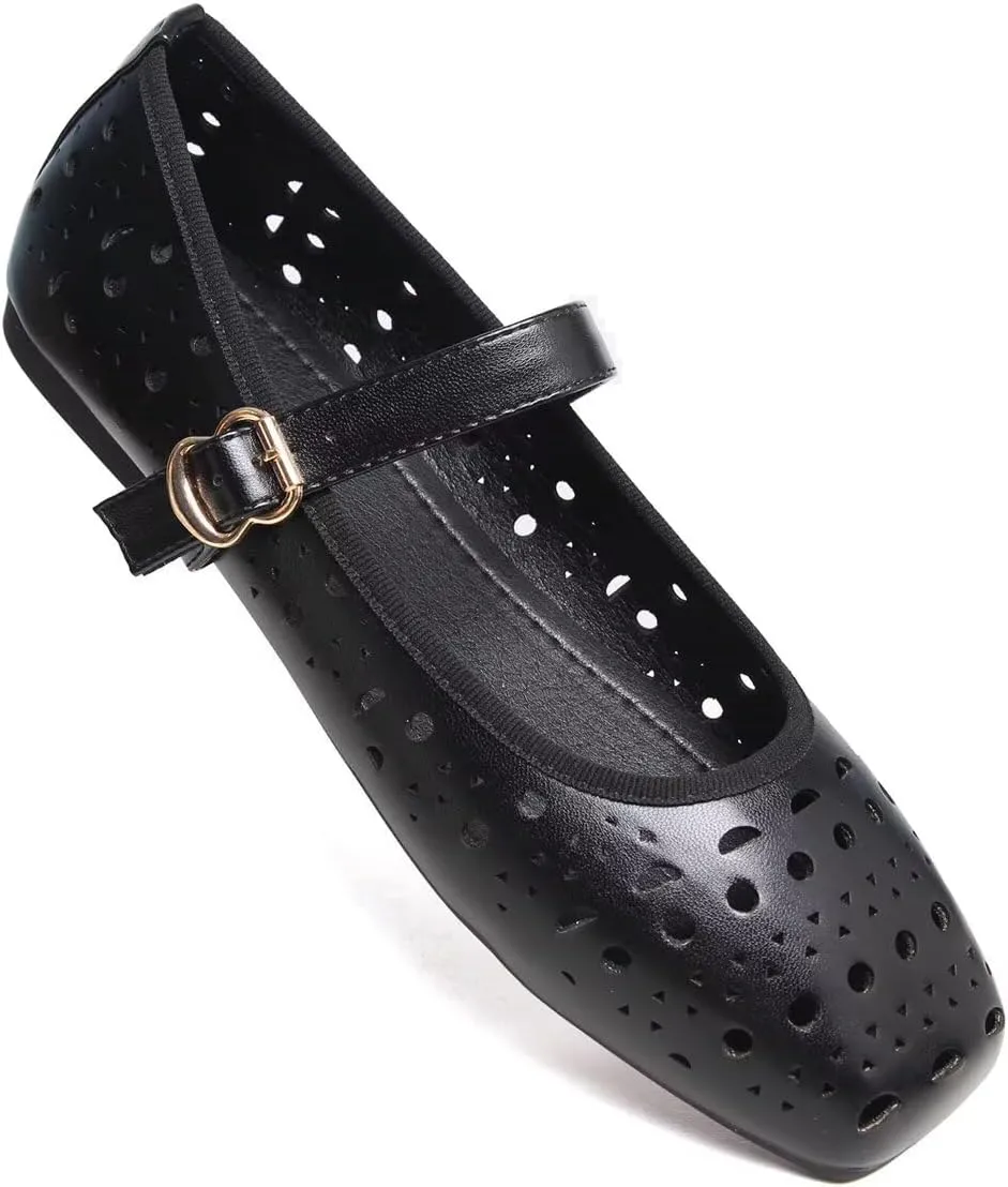 Hee grand Summer Hollow Out Ballet Flats for Women Fashion Square Toe Buckle Strap Mary Jane Flats Breathable Walking Shoes Soft Leather Dress Shoes