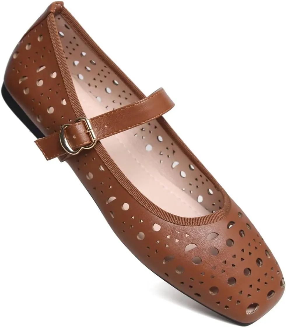 Hee grand Summer Hollow Out Ballet Flats for Women Fashion Square Toe Buckle Strap Mary Jane Flats Breathable Walking Shoes Soft Leather Dress Shoes