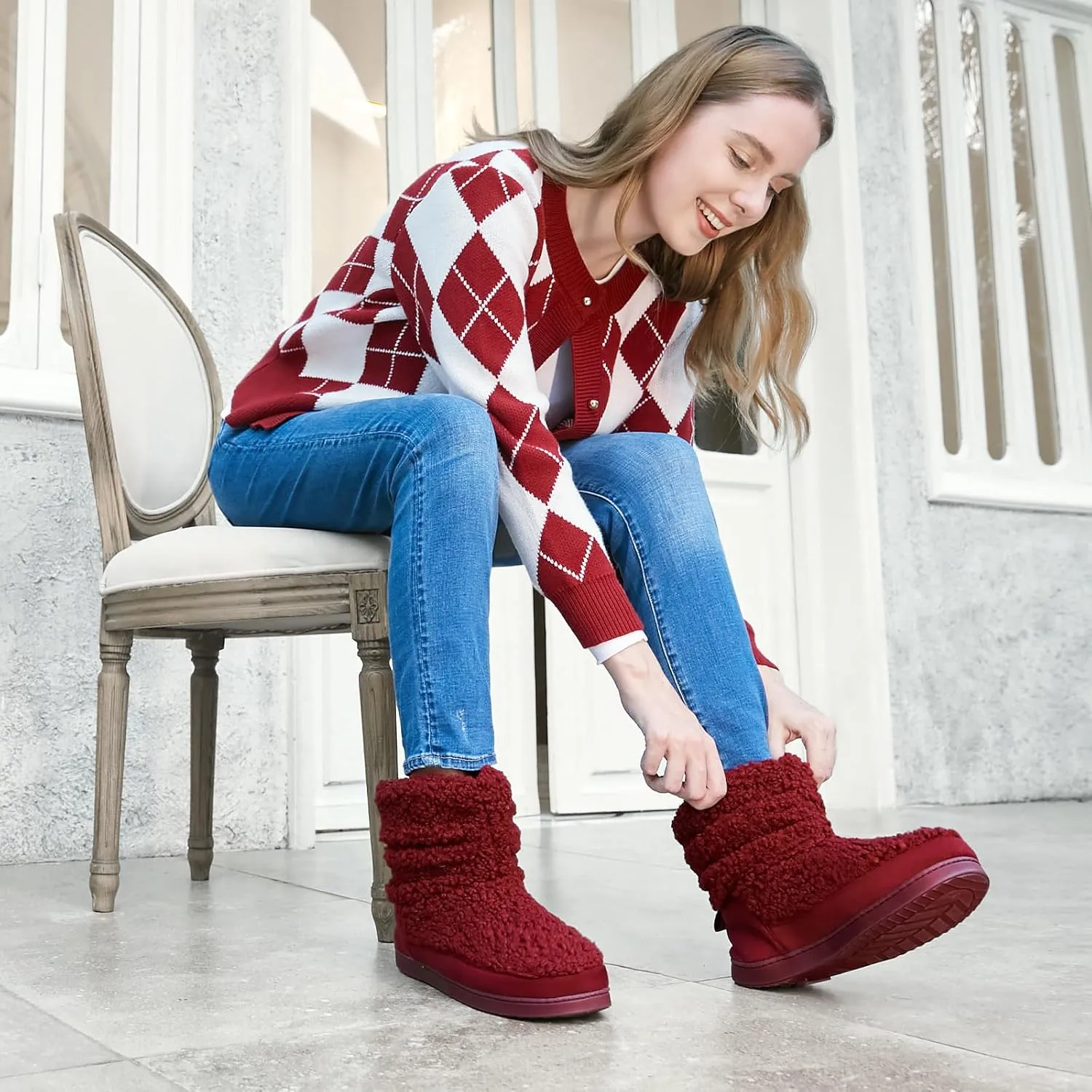 HomeTop Women's Bootie Slippers Fuzzy Warm Memory Foam Indoor House Shoes with Non-slip Rubber Soles