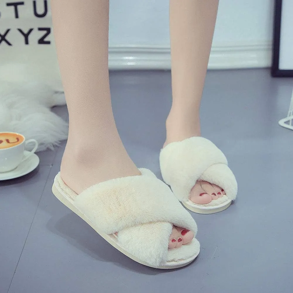 HUMIWA Womens Faux Fur Slippers Warm Fussy Flip Flop House Slippers Open Toe Home Slippers for Girls Men