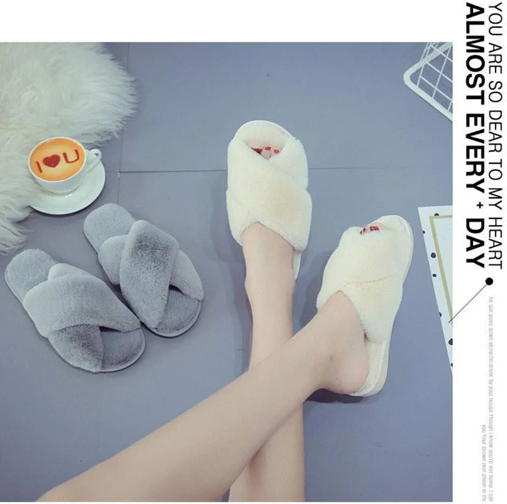 HUMIWA Womens Faux Fur Slippers Warm Fussy Flip Flop House Slippers Open Toe Home Slippers for Girls Men