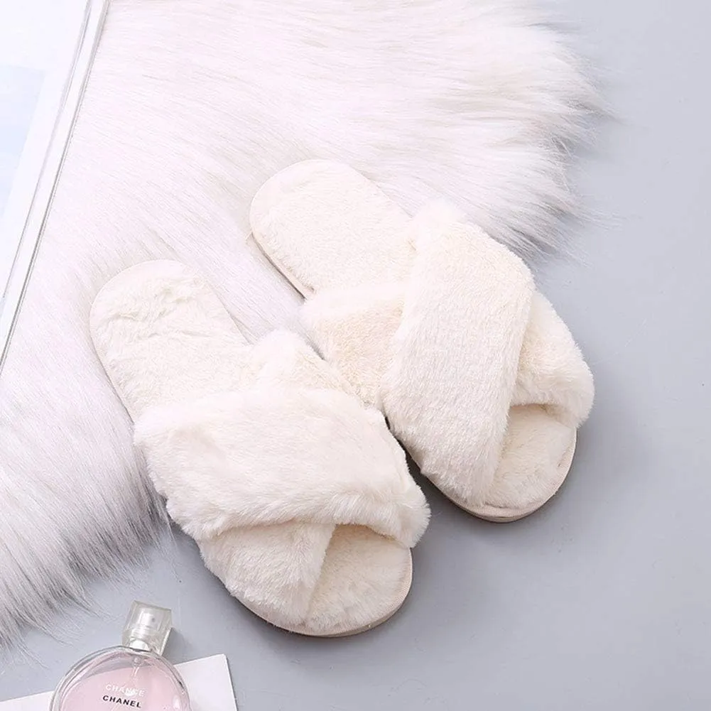 HUMIWA Womens Faux Fur Slippers Warm Fussy Flip Flop House Slippers Open Toe Home Slippers for Girls Men