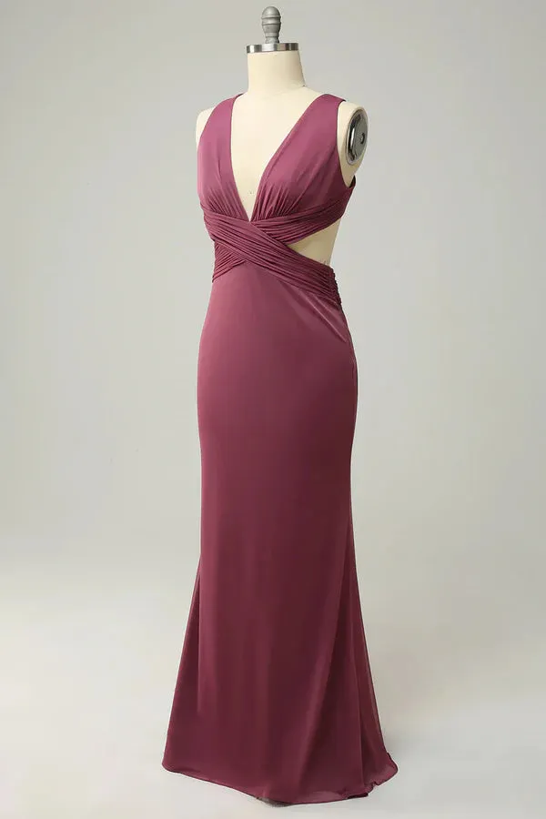 Luolandi Tight deep V-neck desert rose long oversized front slit bridesmaid dress Sexy Party Dress