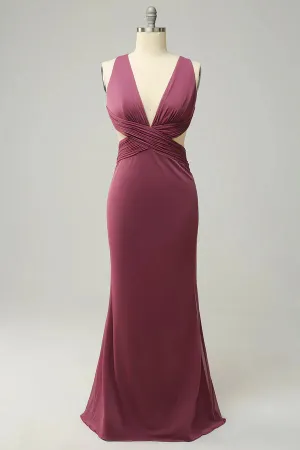 Luolandi Tight deep V-neck desert rose long oversized front slit bridesmaid dress Sexy Party Dress