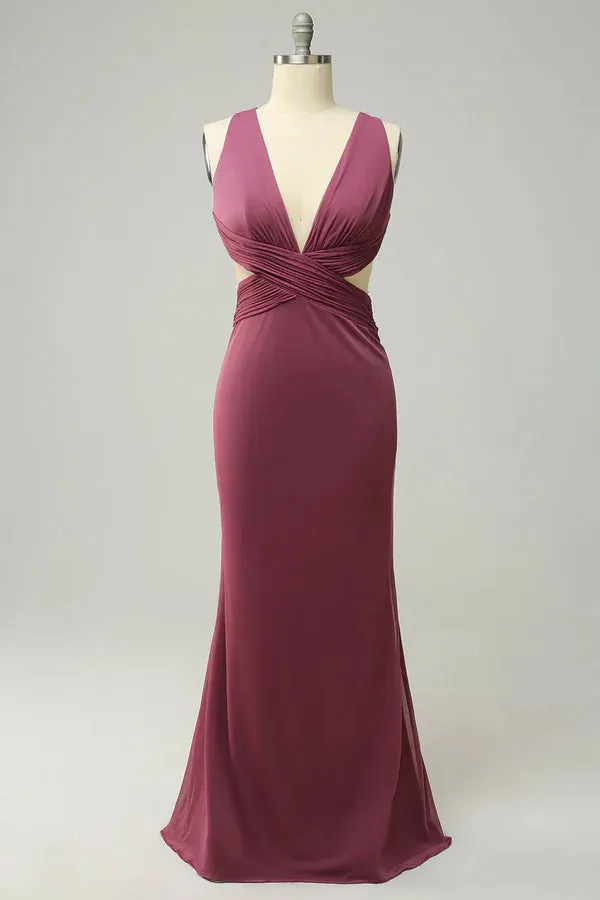 Luolandi Tight deep V-neck desert rose long oversized front slit bridesmaid dress Sexy Party Dress