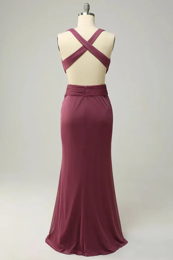 Luolandi Tight deep V-neck desert rose long oversized front slit bridesmaid dress Sexy Party Dress