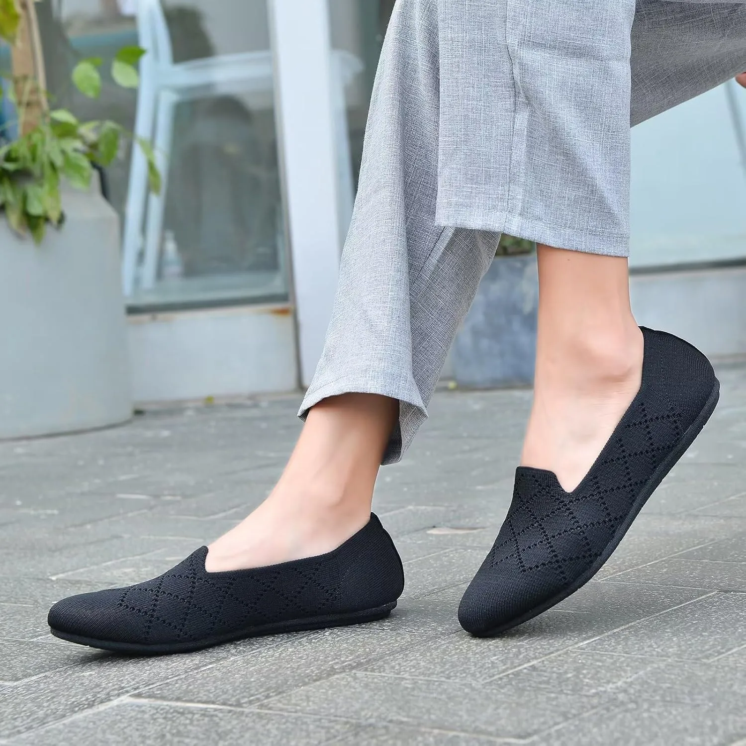 poemlady Womens Ballet Flat Shoes Dress Shoes Knit Round Toe Slip On Ballerina Walking Flats Shoes for Woman Low Wedge Casual