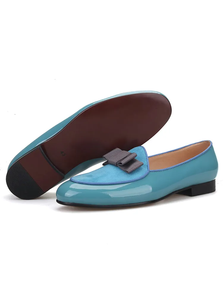 Sky blue patent leather and nubuck leather men's loafers European and American style catwalk party style bow design formal shoes