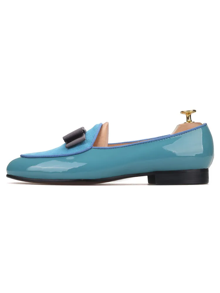 Sky blue patent leather and nubuck leather men's loafers European and American style catwalk party style bow design formal shoes
