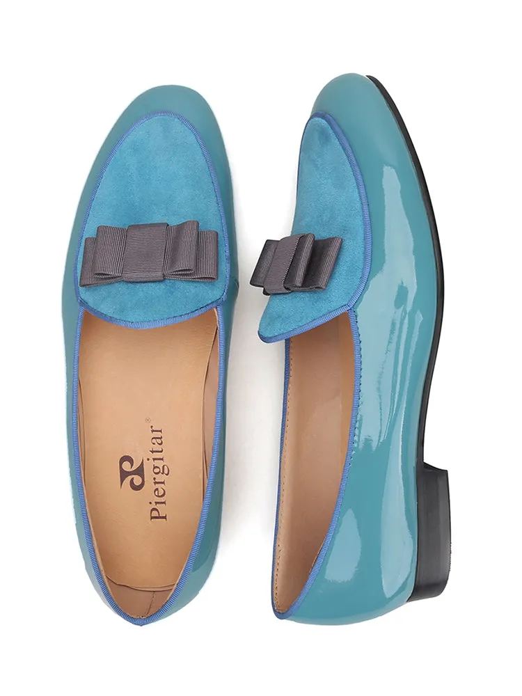 Sky blue patent leather and nubuck leather men's loafers European and American style catwalk party style bow design formal shoes