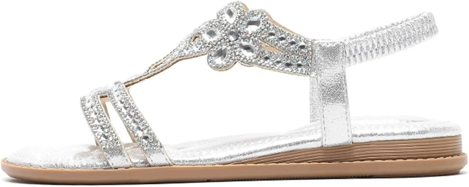 Thong Sandals for Women Rhinestones Elastic T Strap Flip Flops Flats Ladies Boho Summer Low Heel Casual Flat Shoes Bohemian 2025 Rhinestone T-Strap Wedding Dressy Comfortable Glitter Slides