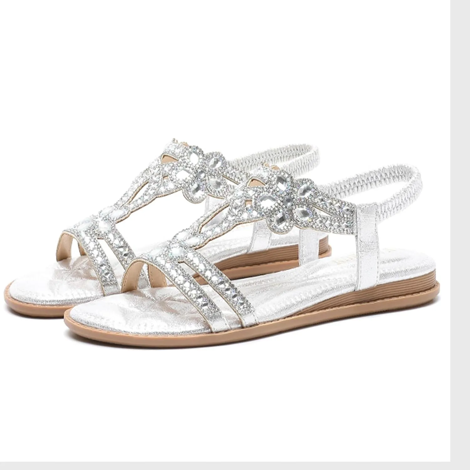 Thong Sandals for Women Rhinestones Elastic T Strap Flip Flops Flats Ladies Boho Summer Low Heel Casual Flat Shoes Bohemian 2025 Rhinestone T-Strap Wedding Dressy Comfortable Glitter Slides
