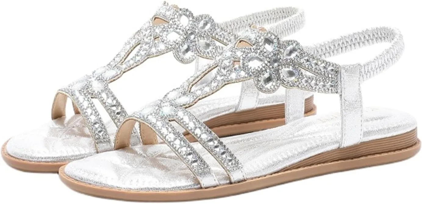 Thong Sandals for Women Rhinestones Elastic T Strap Flip Flops Flats Ladies Boho Summer Low Heel Casual Flat Shoes Bohemian 2025 Rhinestone T-Strap Wedding Dressy Comfortable Glitter Slides