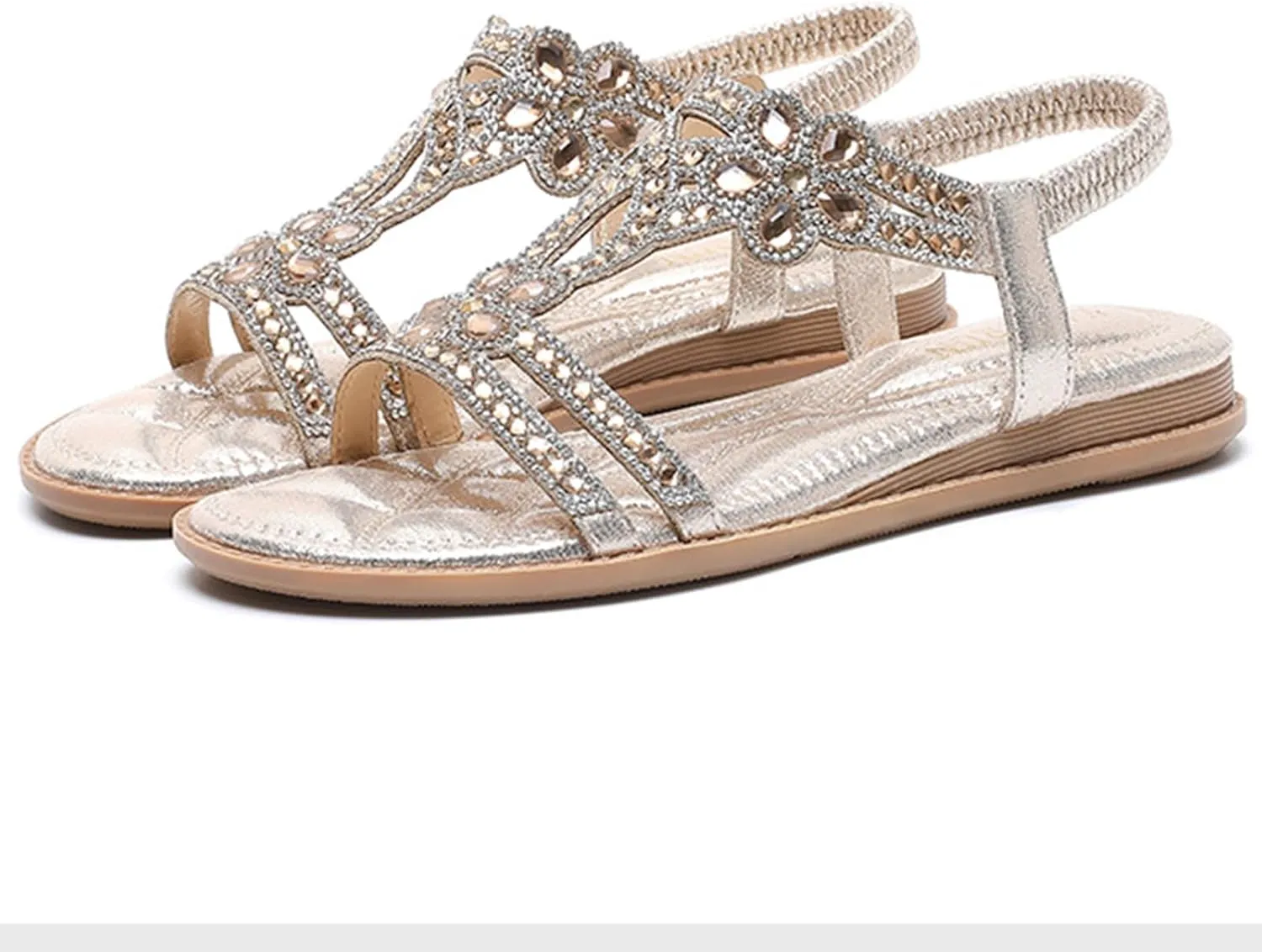 Thong Sandals for Women Rhinestones Elastic T Strap Flip Flops Flats Ladies Boho Summer Low Heel Casual Flat Shoes Bohemian 2025 Rhinestone T-Strap Wedding Dressy Comfortable Glitter Slides