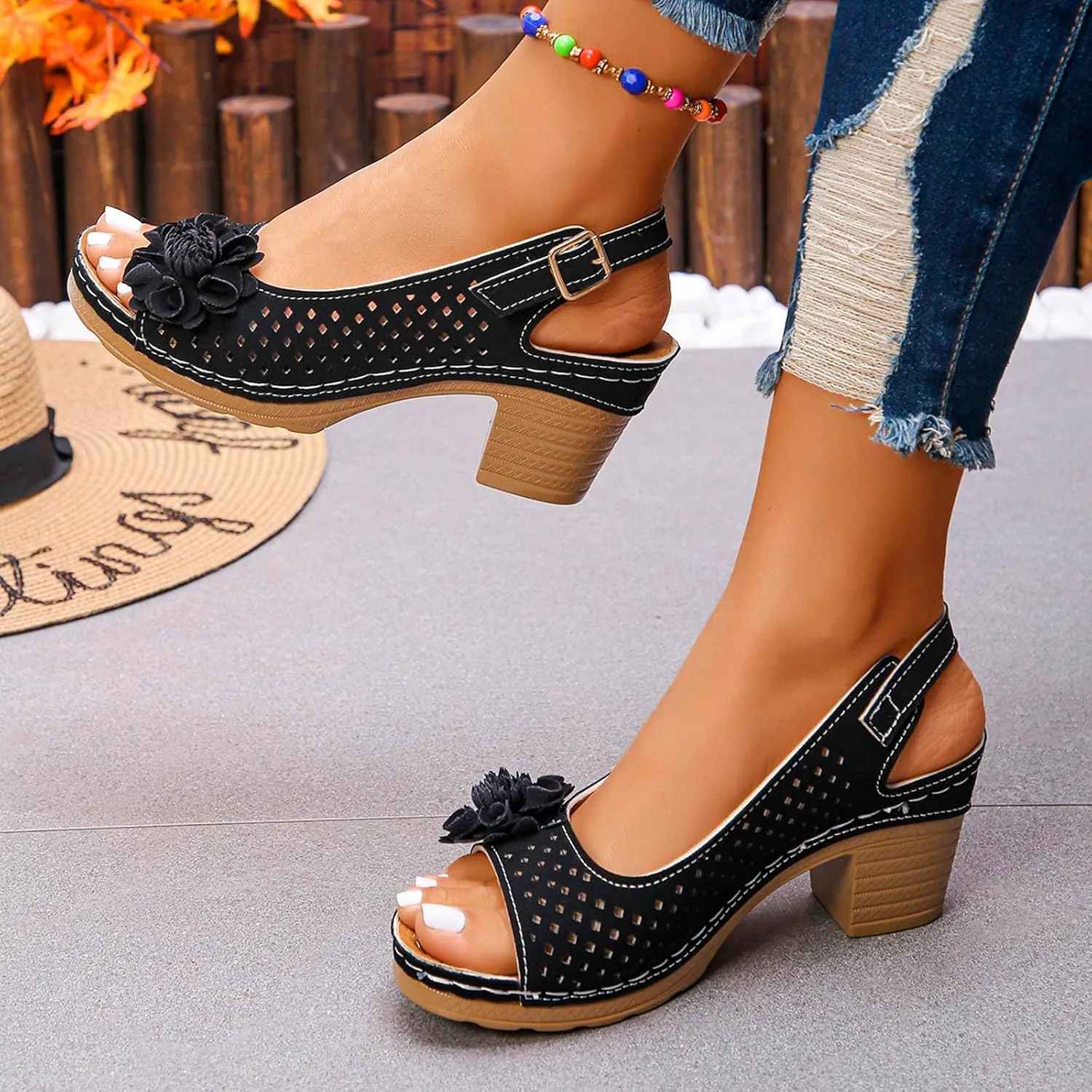 Womens Block Heel Sandals Summer Open Toe Ankle Buckle Strap Chunky Casual Hollow Out Platform Wedge Peep Slingback Bohemian Dressy Sandal 2025 Travel Vacation Beach Non Slip Dress Shoes