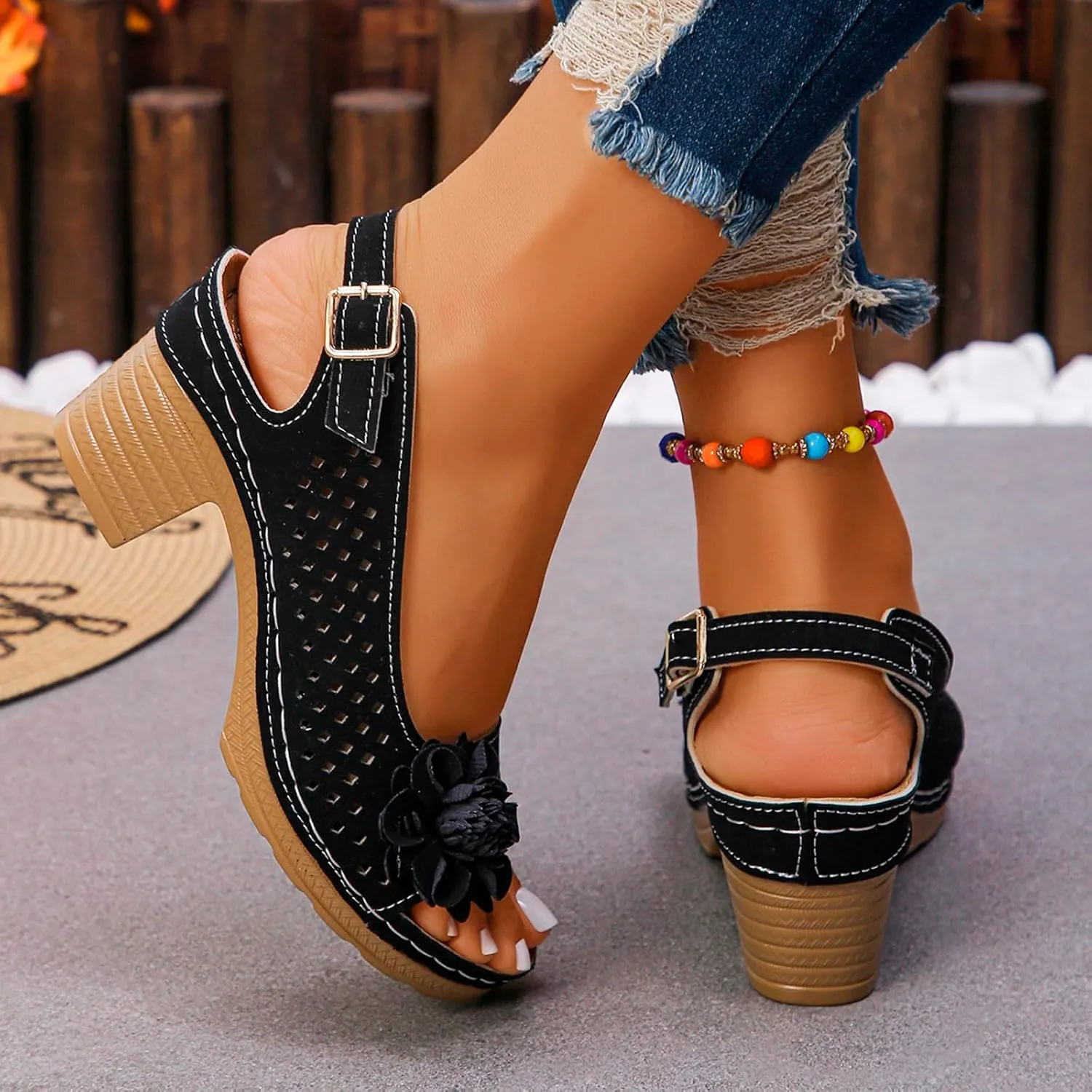Womens Block Heel Sandals Summer Open Toe Ankle Buckle Strap Chunky Casual Hollow Out Platform Wedge Peep Slingback Bohemian Dressy Sandal 2025 Travel Vacation Beach Non Slip Dress Shoes