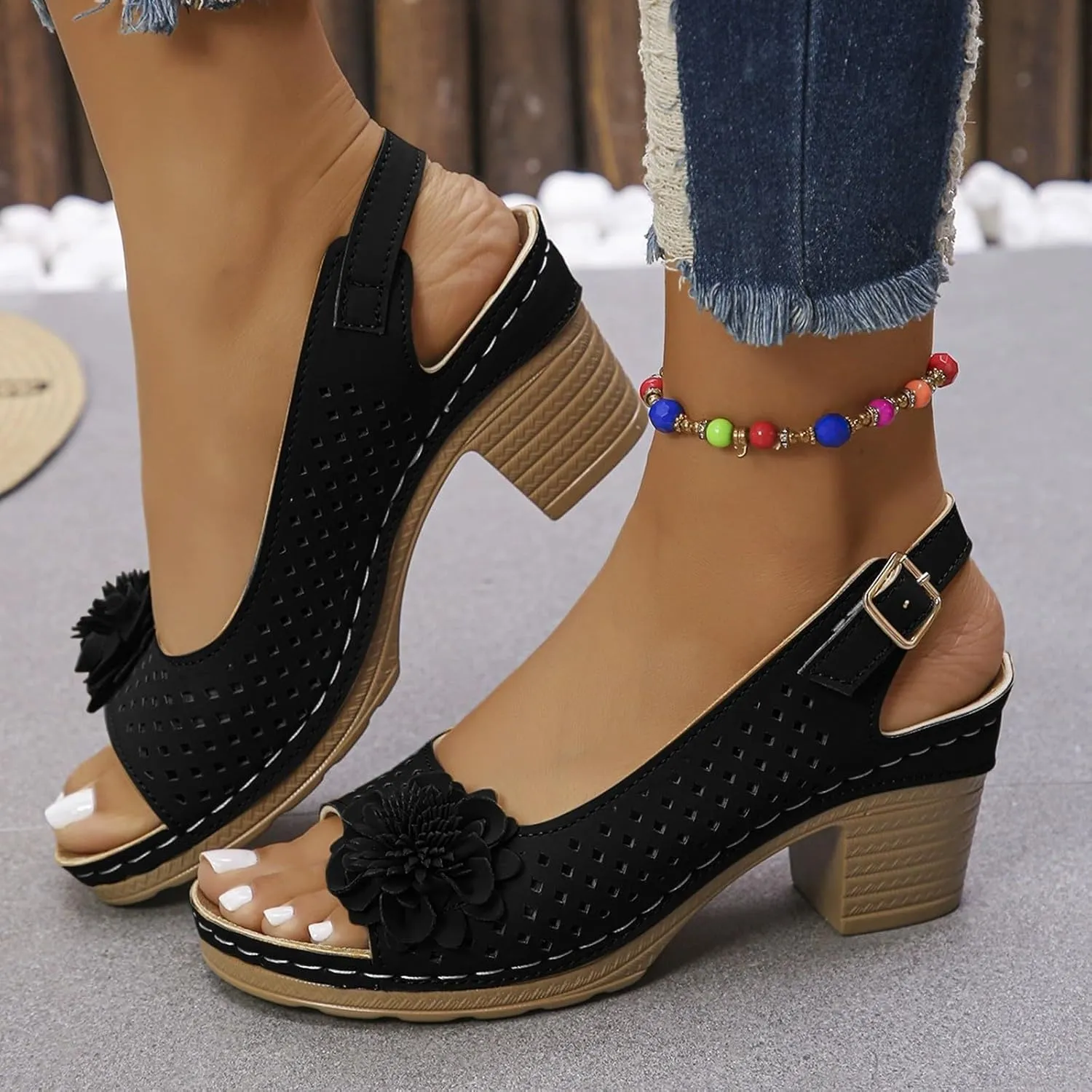 Womens Block Heel Sandals Summer Open Toe Ankle Buckle Strap Chunky Casual Hollow Out Platform Wedge Peep Slingback Bohemian Dressy Sandal 2025 Travel Vacation Beach Non Slip Dress Shoes