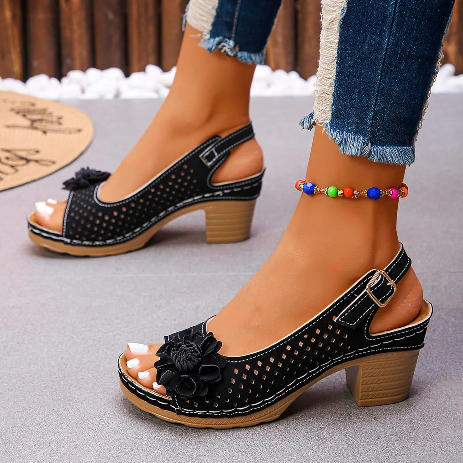 Womens Block Heel Sandals Summer Open Toe Ankle Buckle Strap Chunky Casual Hollow Out Platform Wedge Peep Slingback Bohemian Dressy Sandal 2025 Travel Vacation Beach Non Slip Dress Shoes