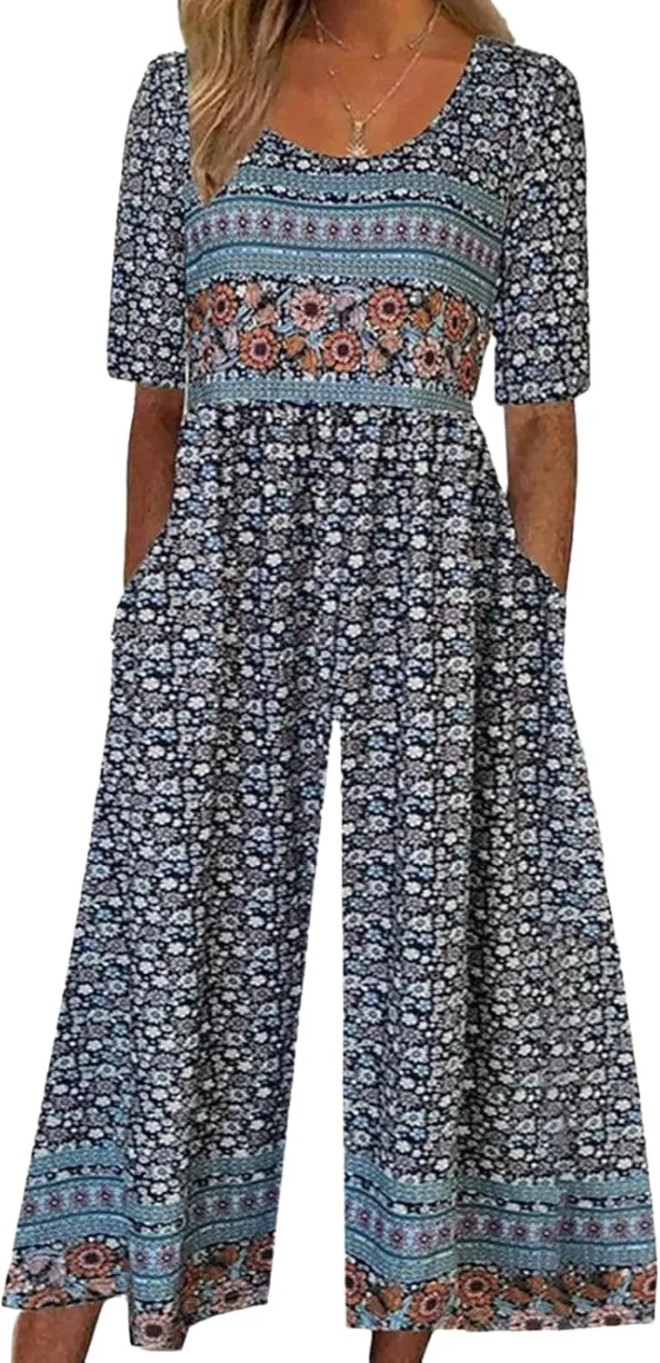 Womens Casual Blue Floral Print Jumpsuits Half Sleeve Crewneck Wide Leg Pants Rompers with Side Pockets Spring Outfit