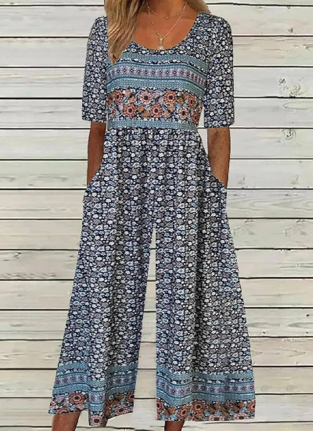 Womens Casual Blue Floral Print Jumpsuits Half Sleeve Crewneck Wide Leg Pants Rompers with Side Pockets Spring Outfit