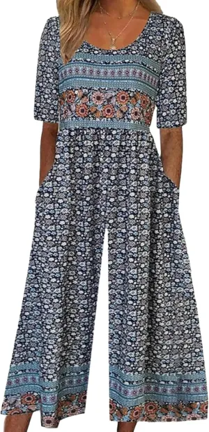 Womens Casual Blue Floral Print Jumpsuits Half Sleeve Crewneck Wide Leg Pants Rompers with Side Pockets Spring Outfit