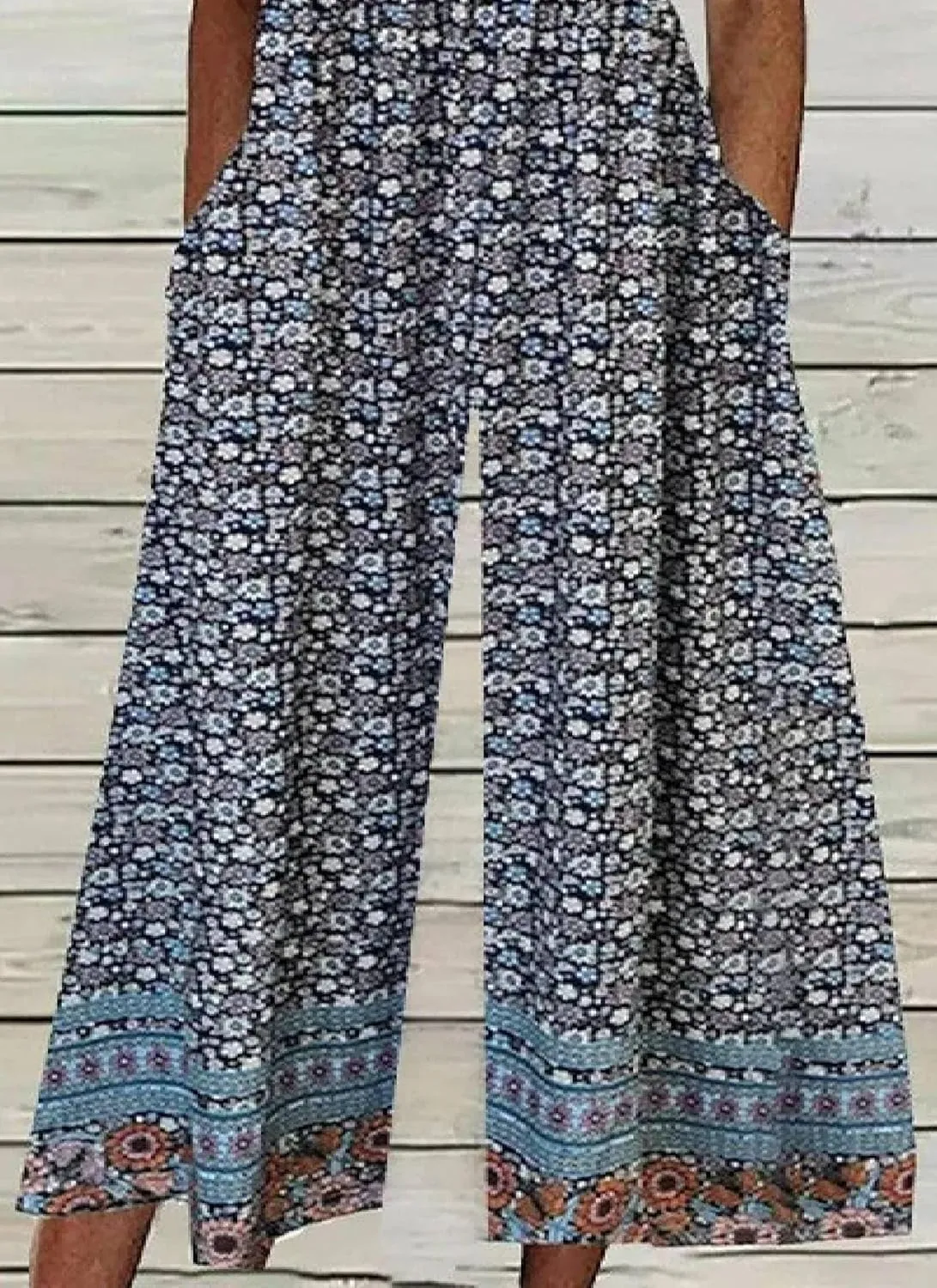 Womens Casual Blue Floral Print Jumpsuits Half Sleeve Crewneck Wide Leg Pants Rompers with Side Pockets Spring Outfit