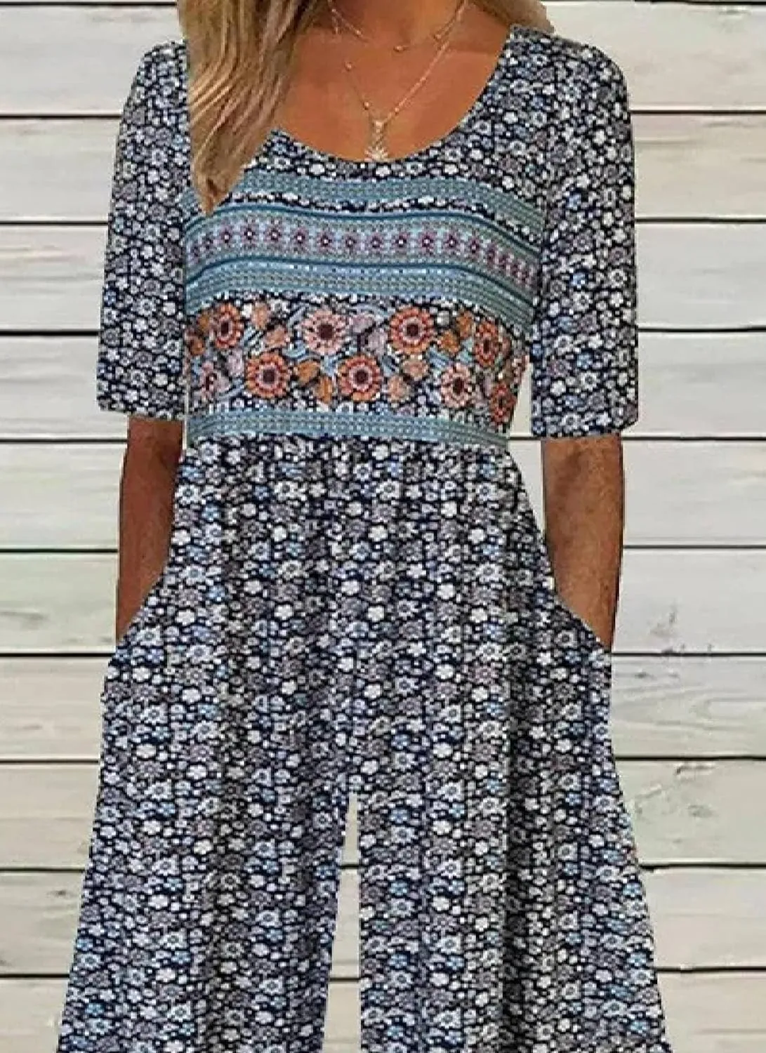 Womens Casual Blue Floral Print Jumpsuits Half Sleeve Crewneck Wide Leg Pants Rompers with Side Pockets Spring Outfit