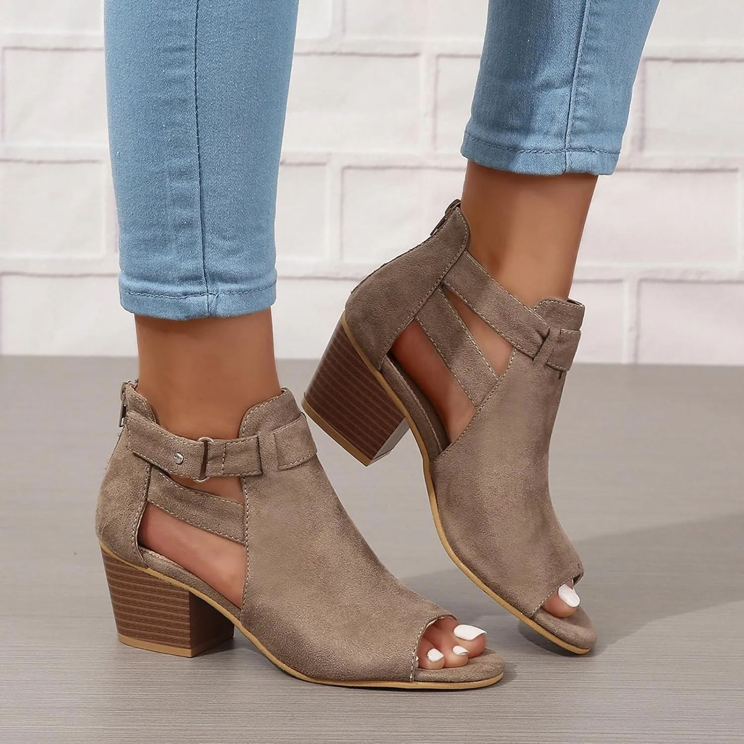 Womens Peep Toe Ankle Booties Sandals Chunky Heels Cutout Back Zipper Sandal Faux Suede Side Ankle Strap Dress Sandals