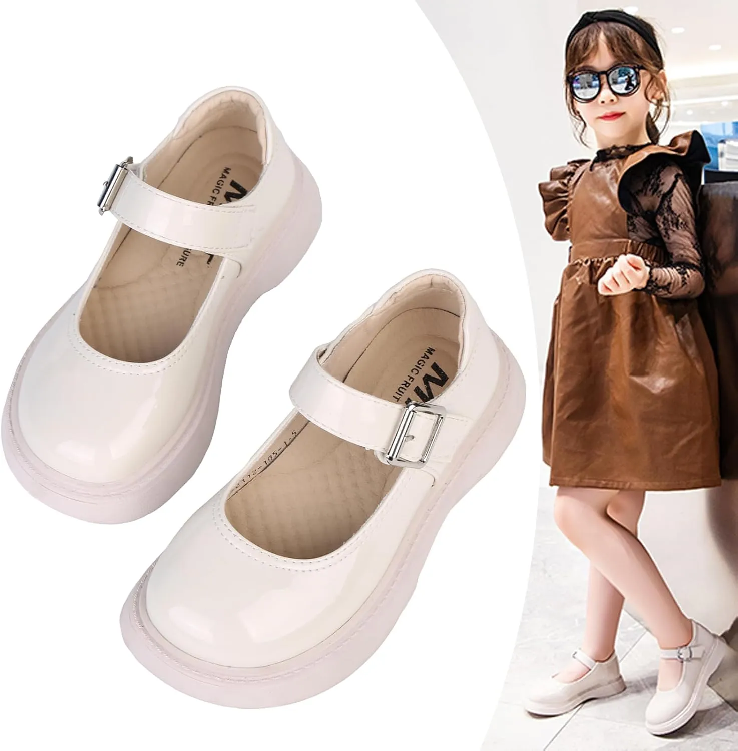 WUIWUIYU Girls School Uniform Shoes Platform Heel Halloween Costume Round-Toe Shiny Dress Mary Jane Shoe Flats