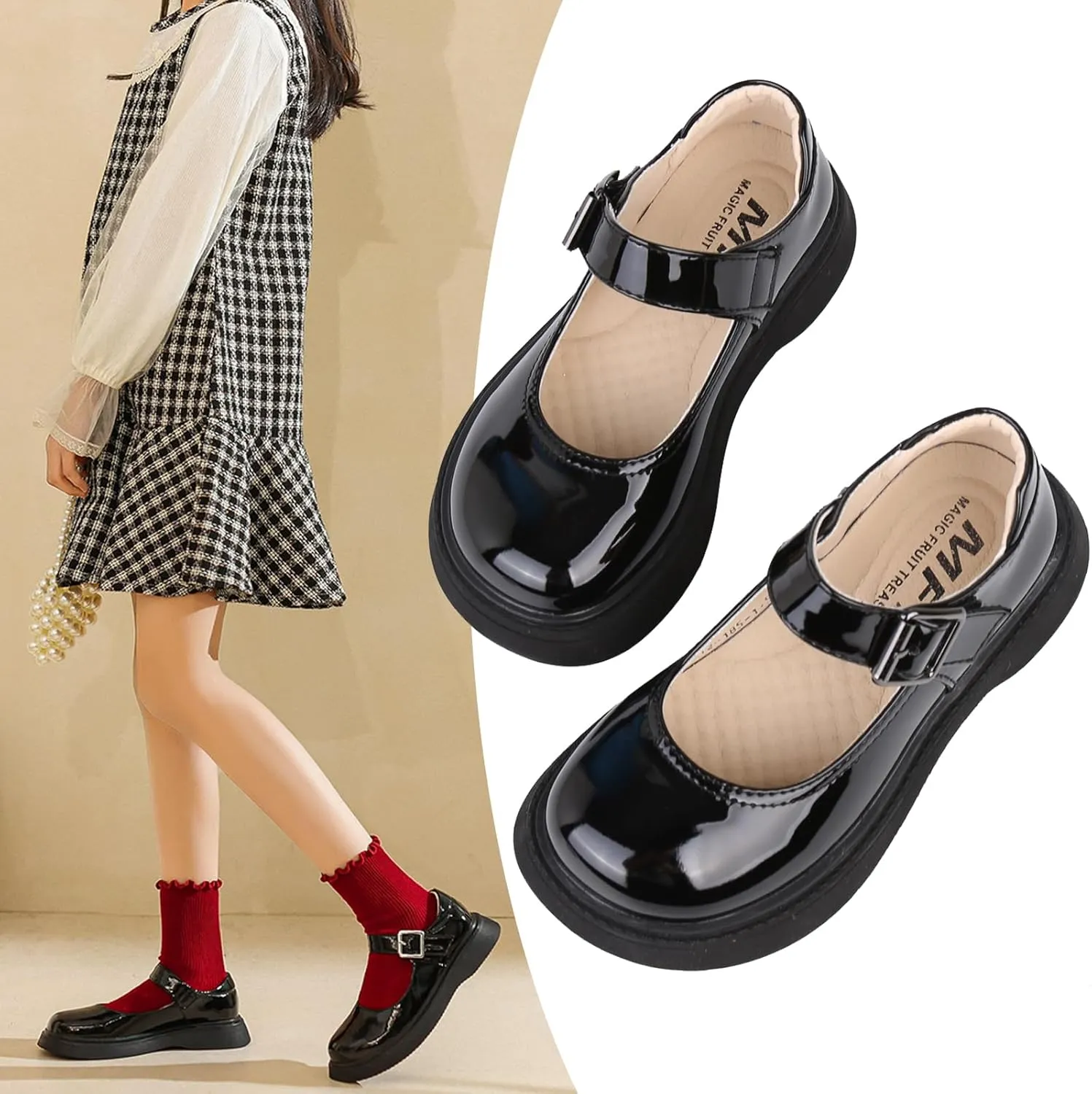 WUIWUIYU Girls School Uniform Shoes Platform Heel Halloween Costume Round-Toe Shiny Dress Mary Jane Shoe Flats