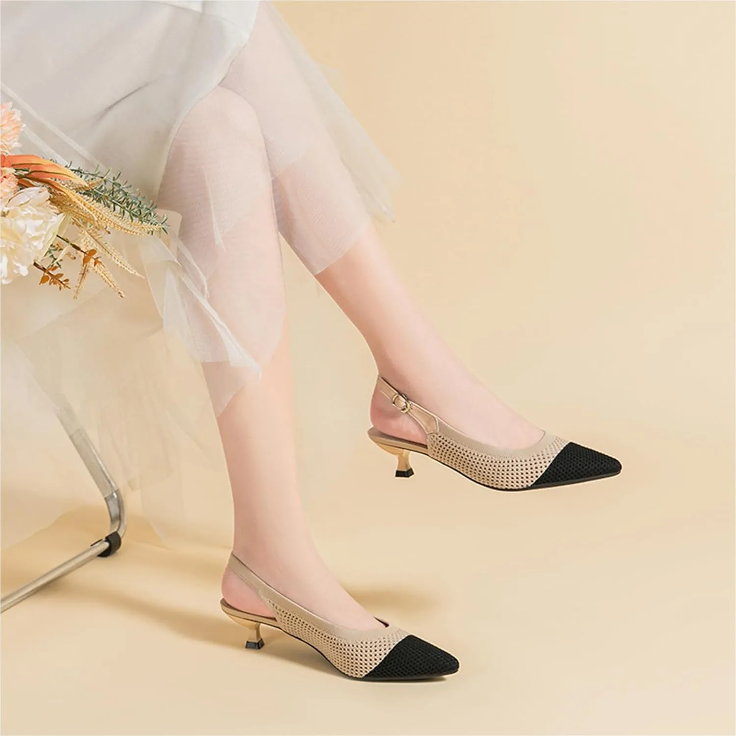 youngshow Pointed Toe Women Pumps, Comfort Slingback Heels with Arch Support, Cute Kitten Heels with Ankle Strap for Womens, Walking Office, Black